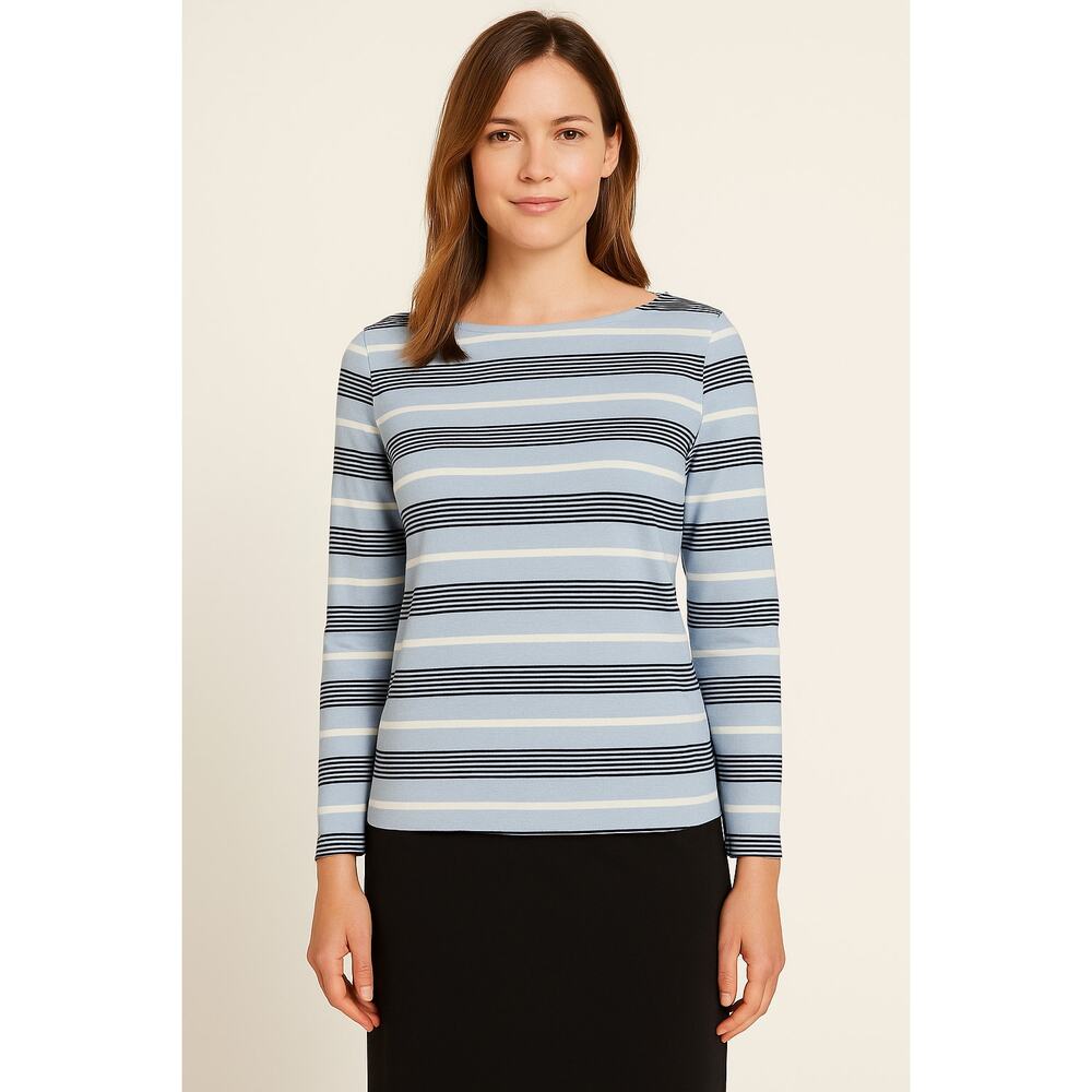LR4116 Talbots Size M Blue Striped Long Sleeve Cotton Blend Top Classic Nautical